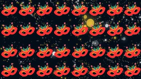 animación de máscaras de mascarada rojas repetidas sobre puntos de luz brillantes sobre fondo negro