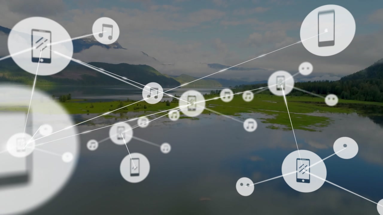Phone node appearing over lake starting nodes linking and expanding showing device-music network