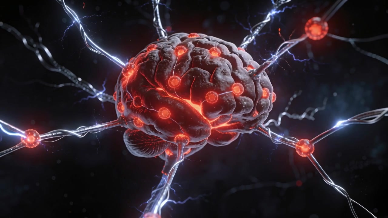 Opening frames with stylized brain in void, pulsing nodes and connectors, mimicking neural firing