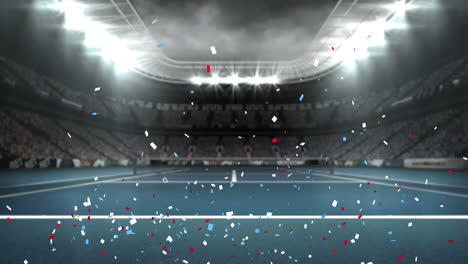 animation of blue and red confetti falling over sports stadium