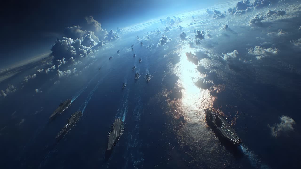 Aerial View of a Transcendent Naval Fleet Navigating Through Tranquil Waters Under an Expansive Sky Filled with Clouds and Sunlight Reflections