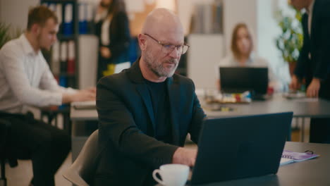 mature manager using laptop in office.