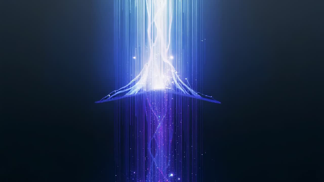 Gathering energy column in void reacting to falling white-blue beam, focusing into helix core wings