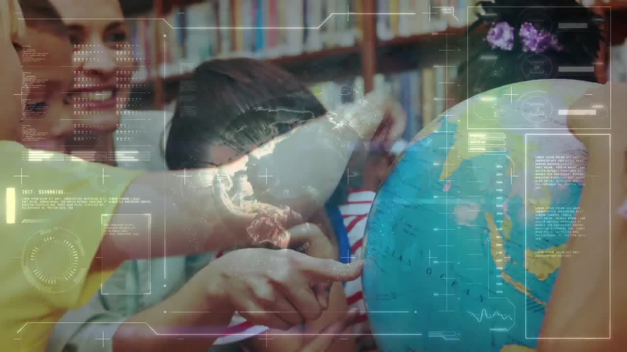 교실에서 지구를 보는 학교 학생들에 대한 데이터 처리 애니메이션