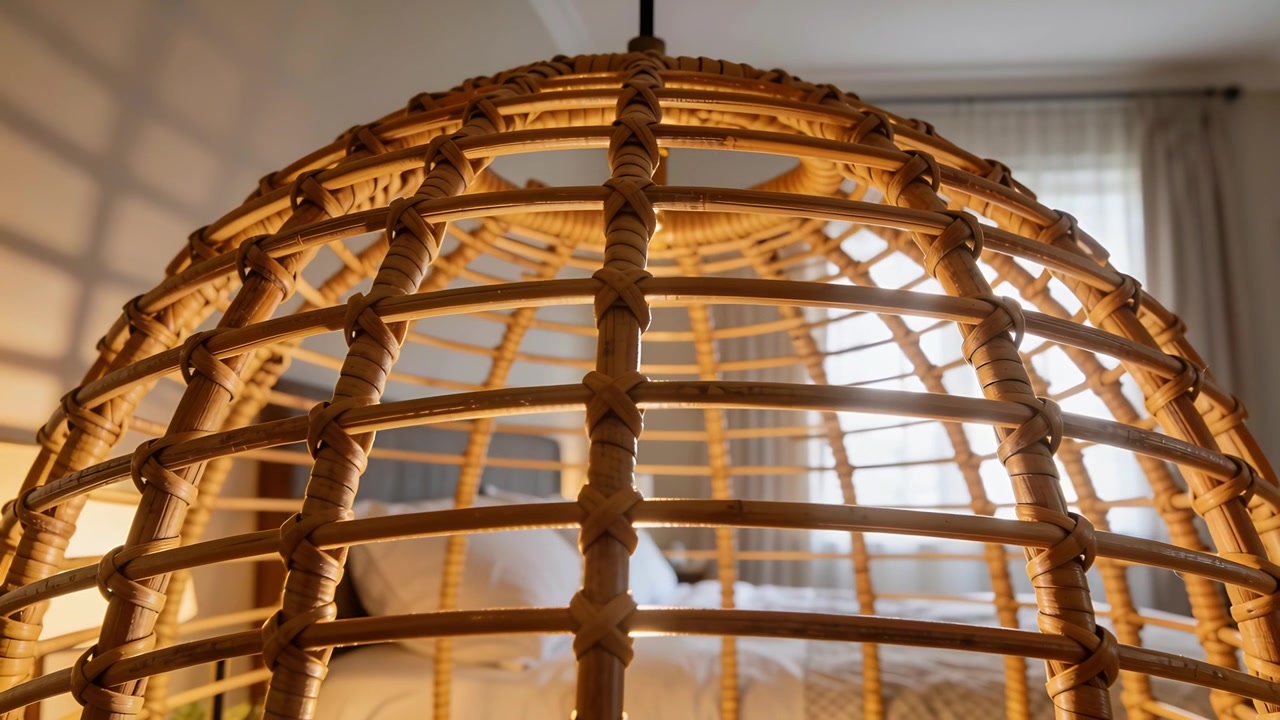 La telecamera si allontana rivelando una lampada a sospensione in rattan sopra un letto con cuscini e tende velate.