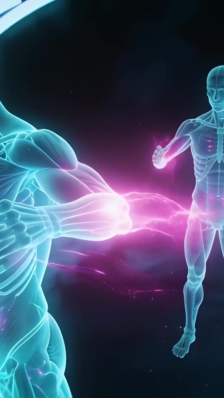 Vertical video: Elbow glow causing right model emitting nebula toward left figure with cyan bones