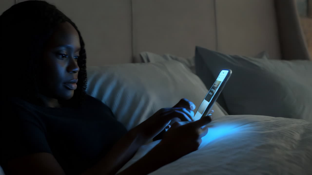 Woman using a phone in bed at night