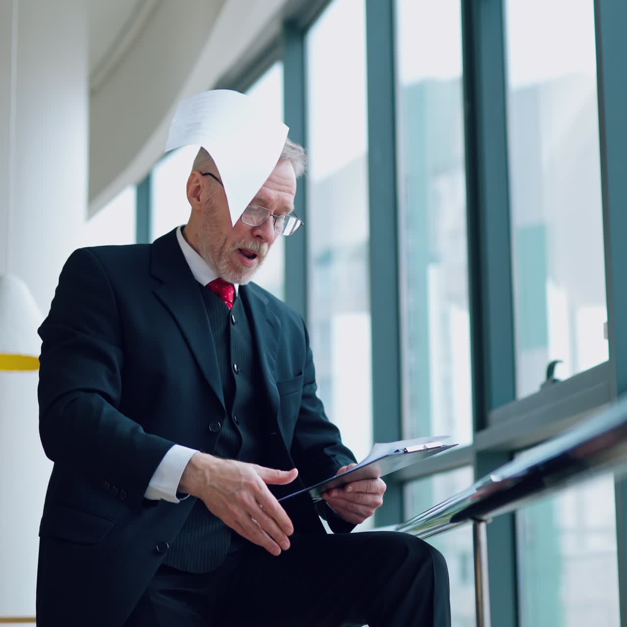 Portrait of mature businessman near the window. Elderly director in costume reading documents nervously and scattering them in the office.