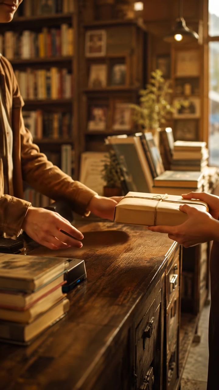 Le mani di una persona passano una scatola avvolta su una superficie di legno in una stanza illuminata delicatamente con librerie sullo sfondo, mostrando uno scambio delicato, toni caldi, una composizione ravvicinata e un'ambientazione interna tranquilla.
