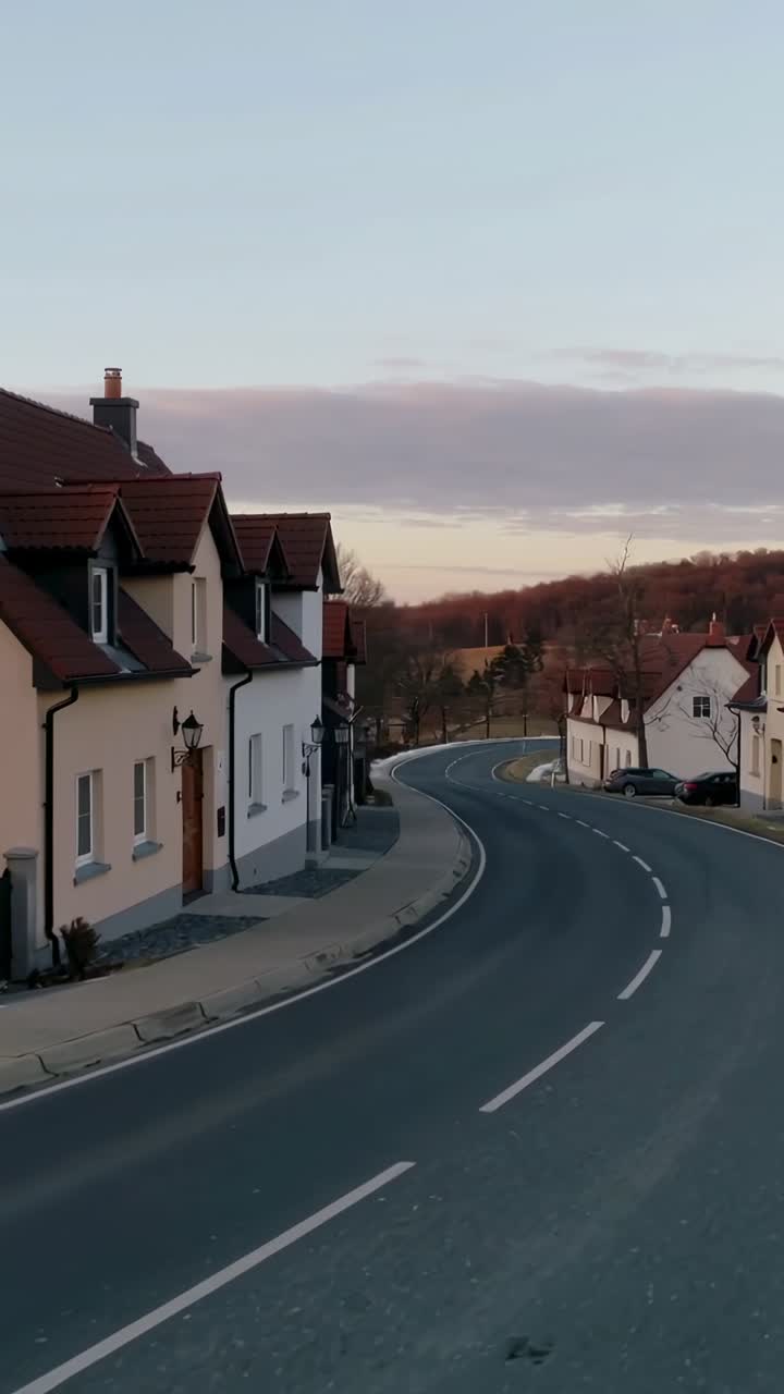 Vertikal video: Kamerastabilisering til stabil optagelse, der viser en kurvet vej og huse i en landsby, bil