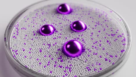 several purple spheres are spinning in a circle in glassware and pushing small spheres apart. abstract physical background concept of interaction.