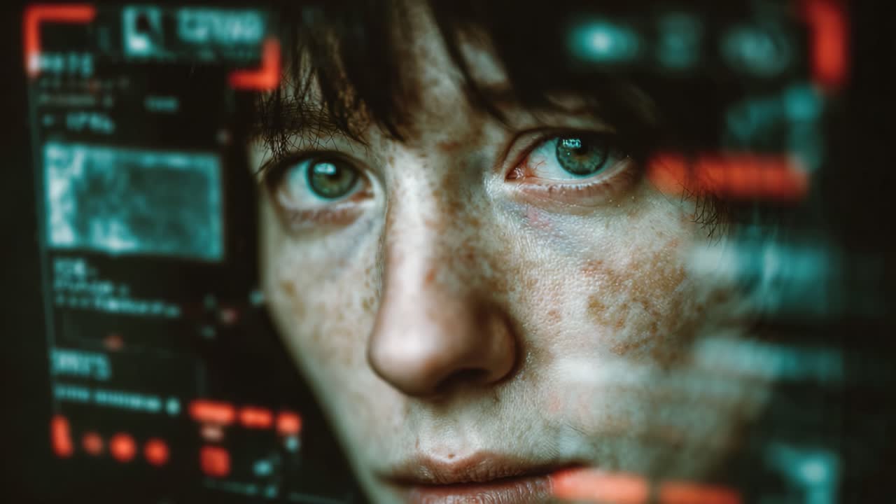 A Close-Up of a Focused Individual Engaging with Advanced Digital Interface, Encompassing Expressions of Intensity and Curiosity in a Futuristic Setting