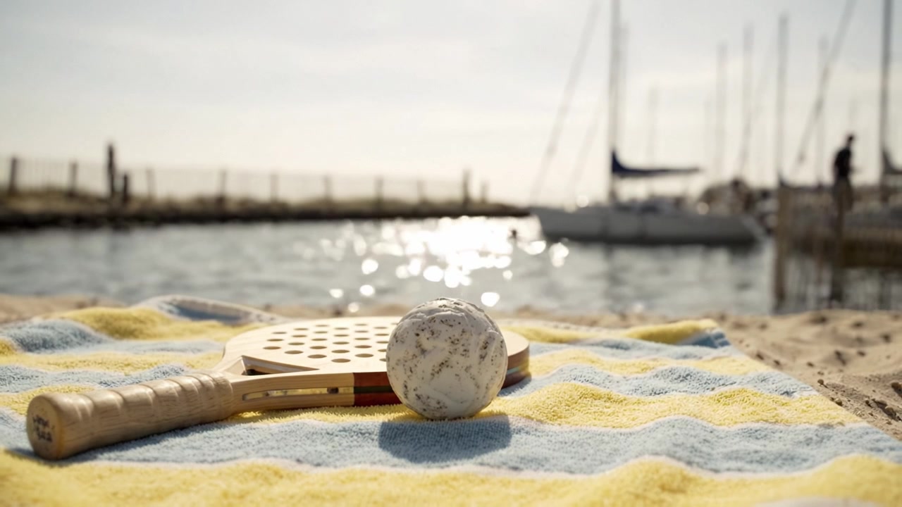 Una giornata rilassante in riva all'acqua: pagaia, palla e sabbia soffice tra barche a vela e onde scintillanti su una spiaggia soleggiata.
