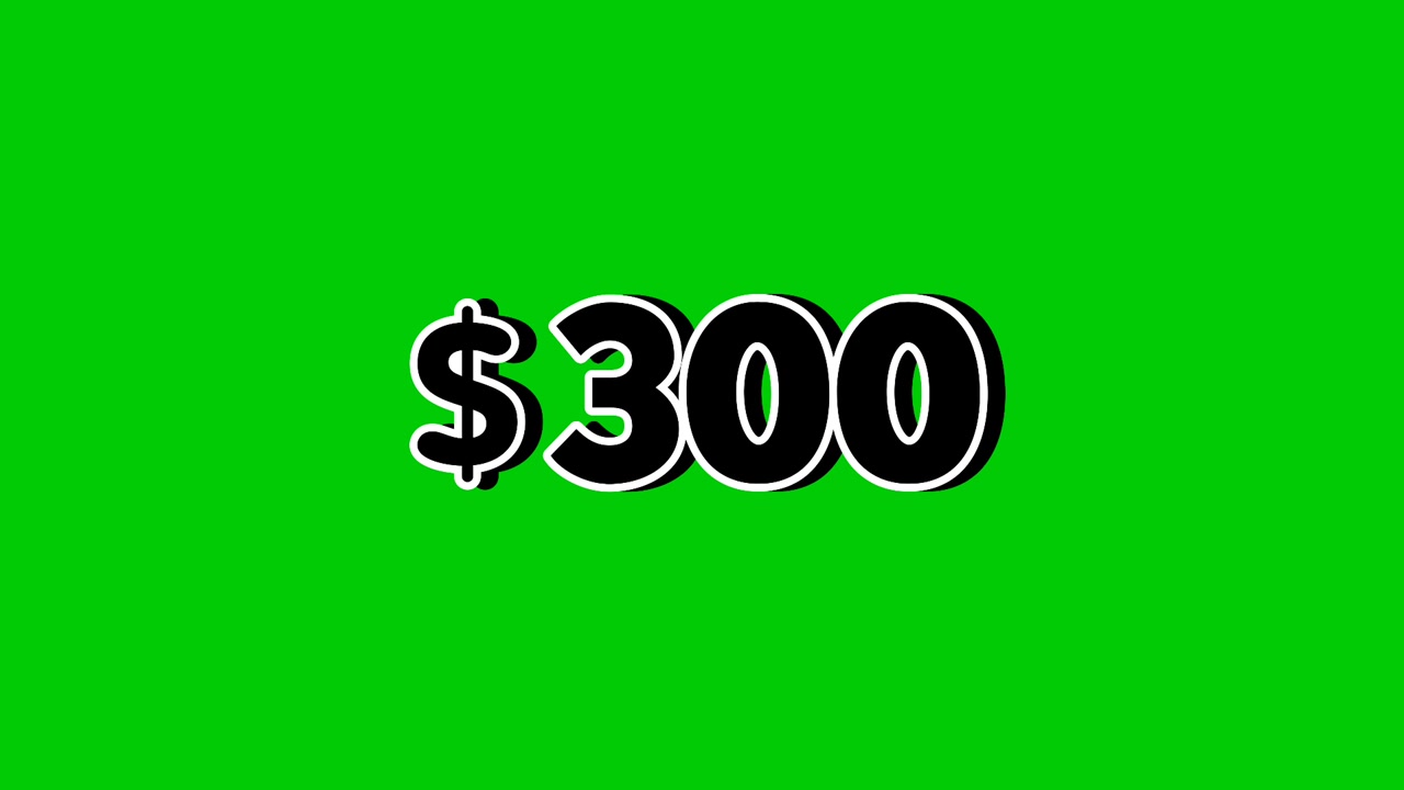 Cartellino animato con prezzo di 300 dollari con effetti di fumo e grafica in movimento su sfondo verde. Perfetto per pubblicità, e-commerce, vendita al dettaglio, sconti e video di concetto aziendale promozionale