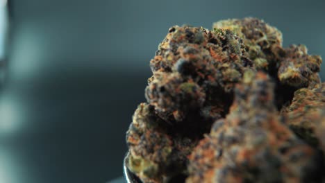 a macro cinematic detailed shot of a cannabis plant, orange hybrid strains, indica and sativa , dark purple marijuana flower, on a rotating stand, slow motion, 4k, professional studio lighting