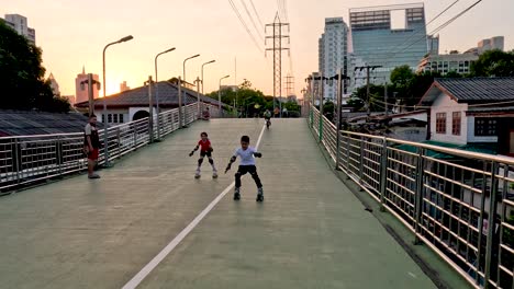 people rollerblading and enjoying evening outdoors