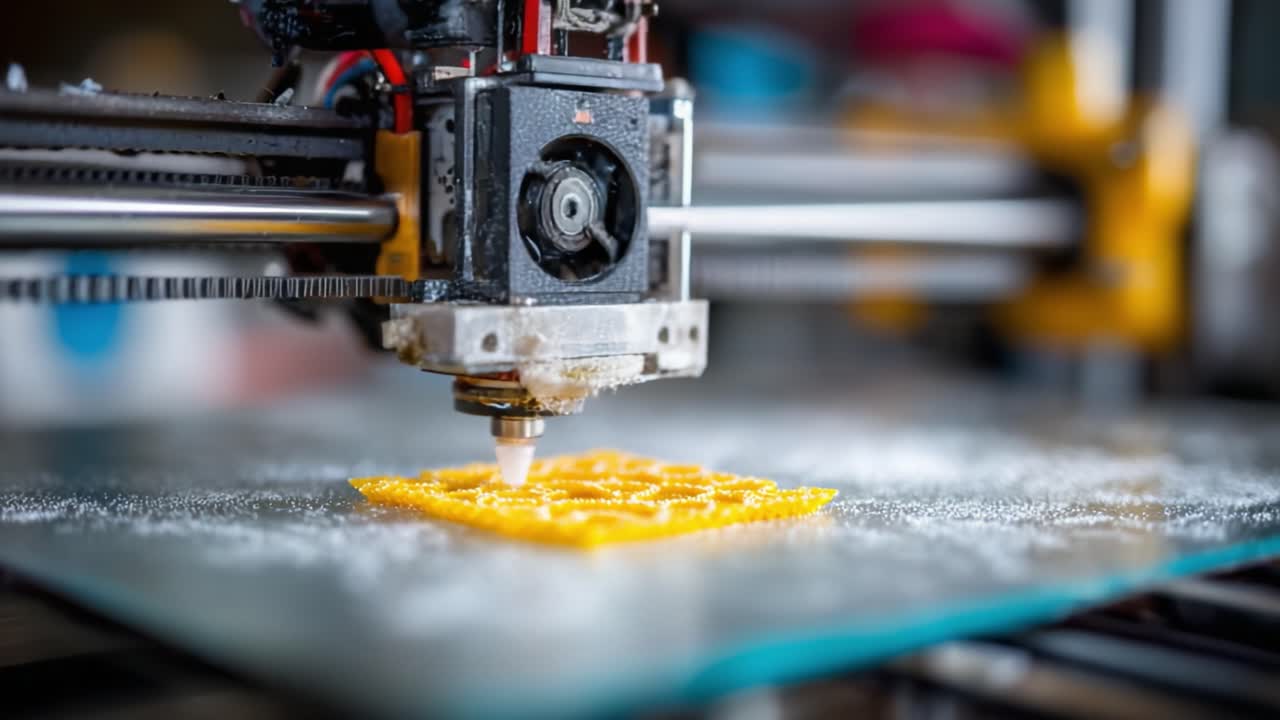 Close-Up Capture of a 3D Printer in Action, Extruding a Yellow Object with High Precision, Showcasing Detailed Layering and Smooth Movement on a Glass Surface
