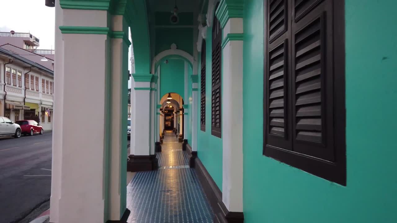 Historic Arcade and Street Scene in Southeast Asian Old Town