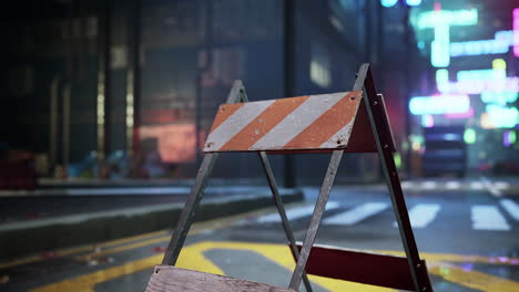 barricade in a cyberpunk city at night