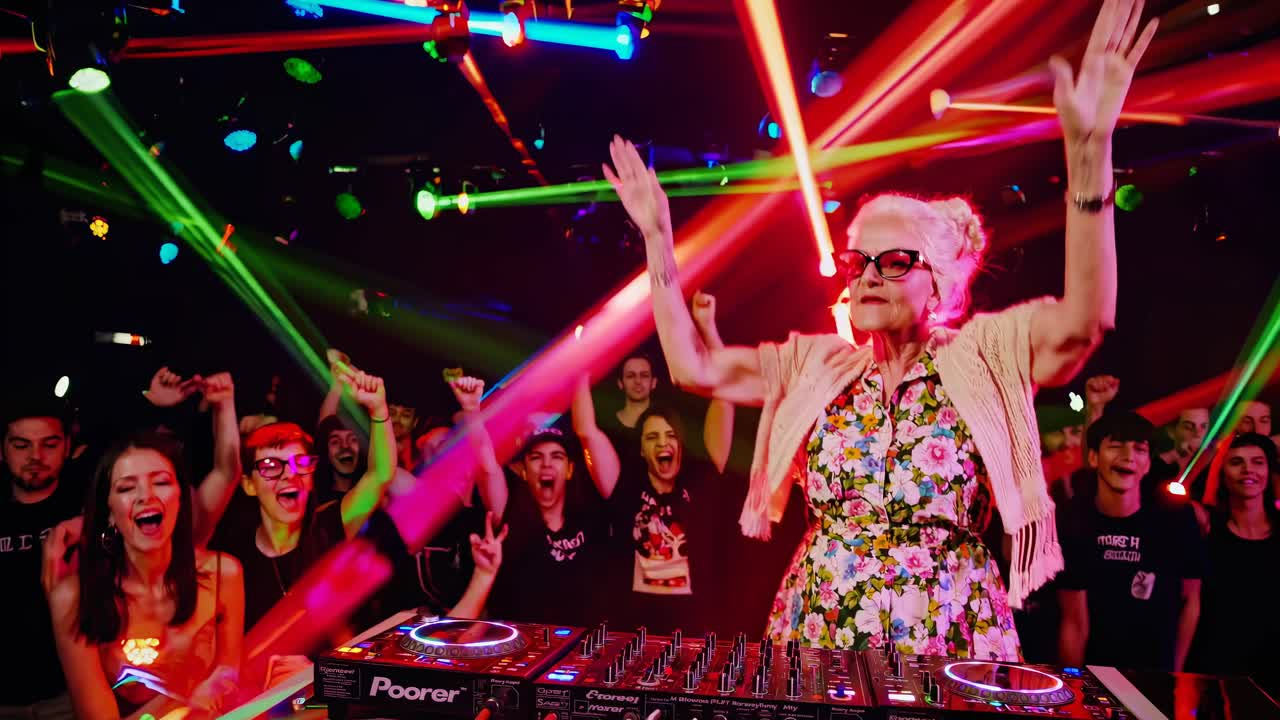 Video grandangolare di un vivace DJ set in un club dinamico, con luci colorate e un'atmosfera energica