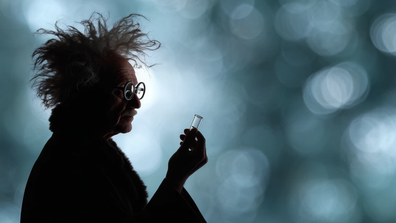 La figura di uno scienziato eccentrico esamina pensierosa una provetta, in controluce su uno sfondo bokeh blu sfocato, esemplificando curiosità e innovazione