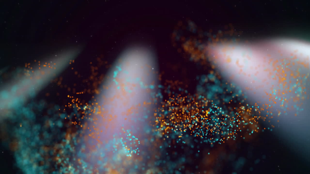 Glowing orange and teal particles swirling in dark space, creating abstract cloud motion