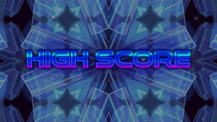 Animation of high score over moving kaleidoscopic shapes on dark background