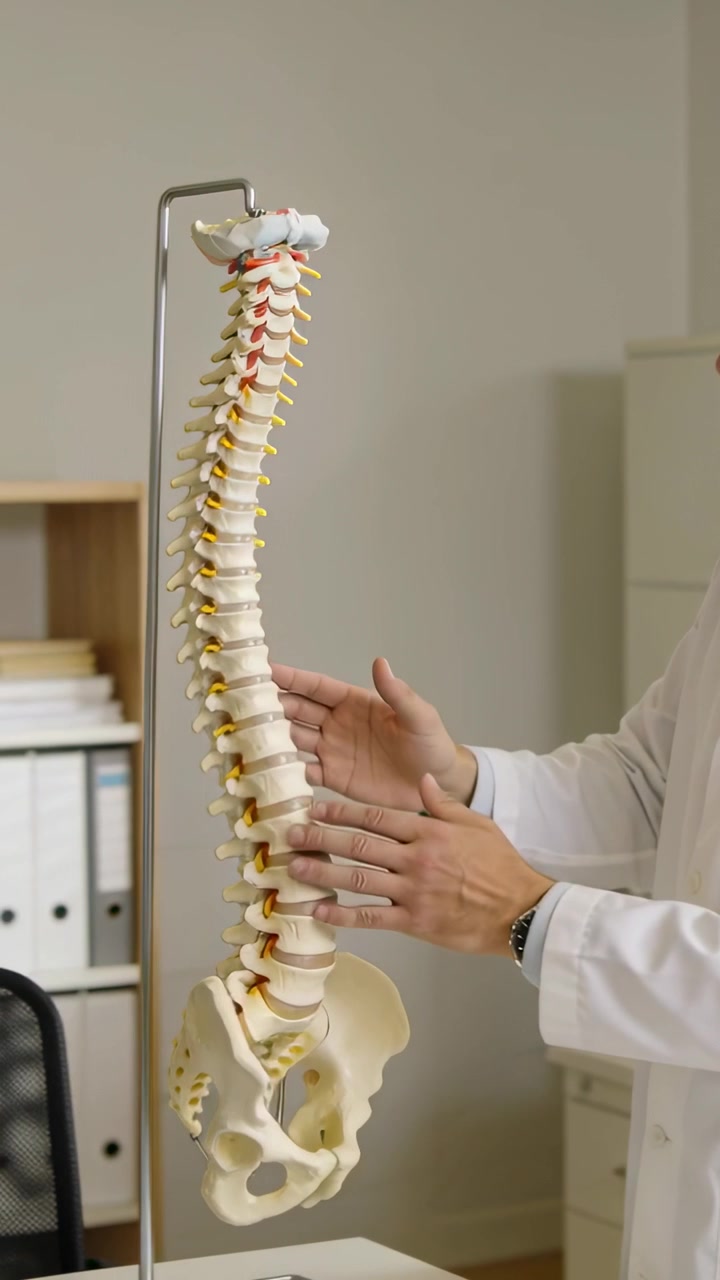 Vertical video: Hands entering frame causing doc in lab coat tracing spine model in office to teach
