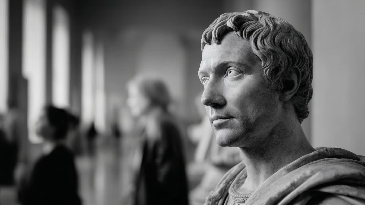 Un'analisi dettagliata di un busto storico, ambientato in una galleria d'arte, che cattura i dettagli intricati e l'espressione della scultura su uno sfondo sfocato.