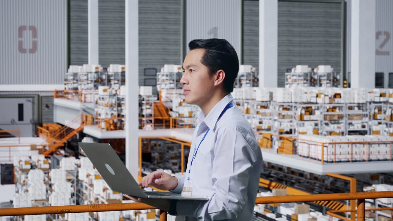 倉庫の労働者がラップトップで在庫をチェックしている