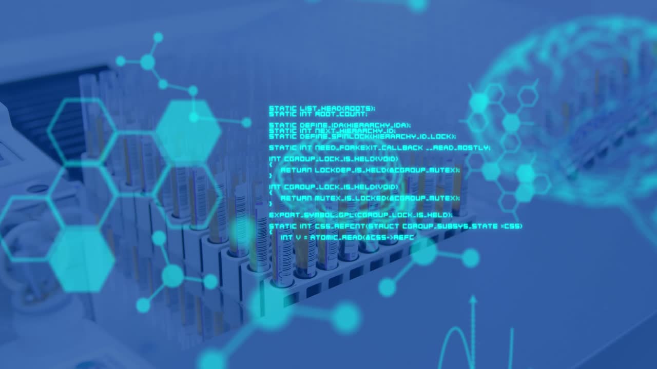 Animation of scientific data processing and human brains over chemical laboratory over blue