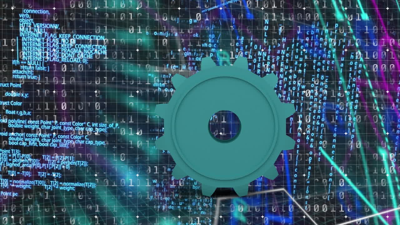 Animation of gear over data processing on black background