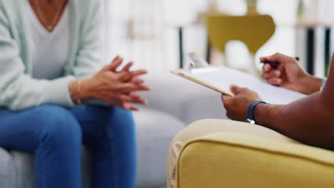 person, hands or consulting a therapist writing