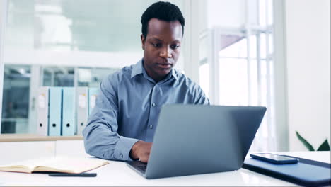 laptop, internet and black man doing research