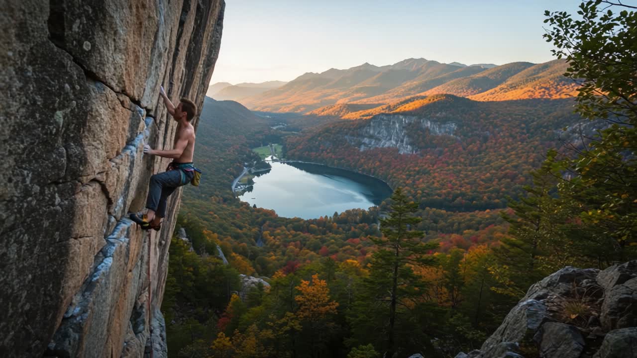 A Rock Climber Ascends a Vertical Cliff Face Surrounded by Autumn Foliage and a Serene Lake with Majestic Mountains in the Background During Golden Hour