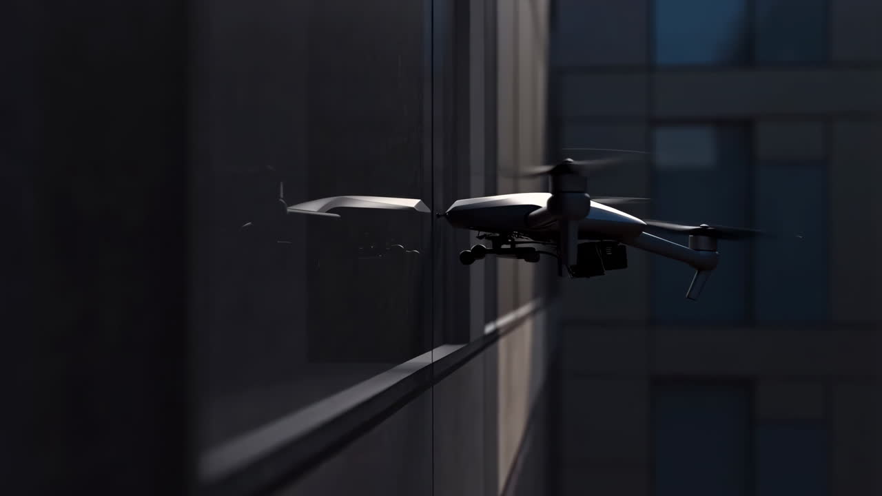 Drone Flying Near Modern Glass Building
