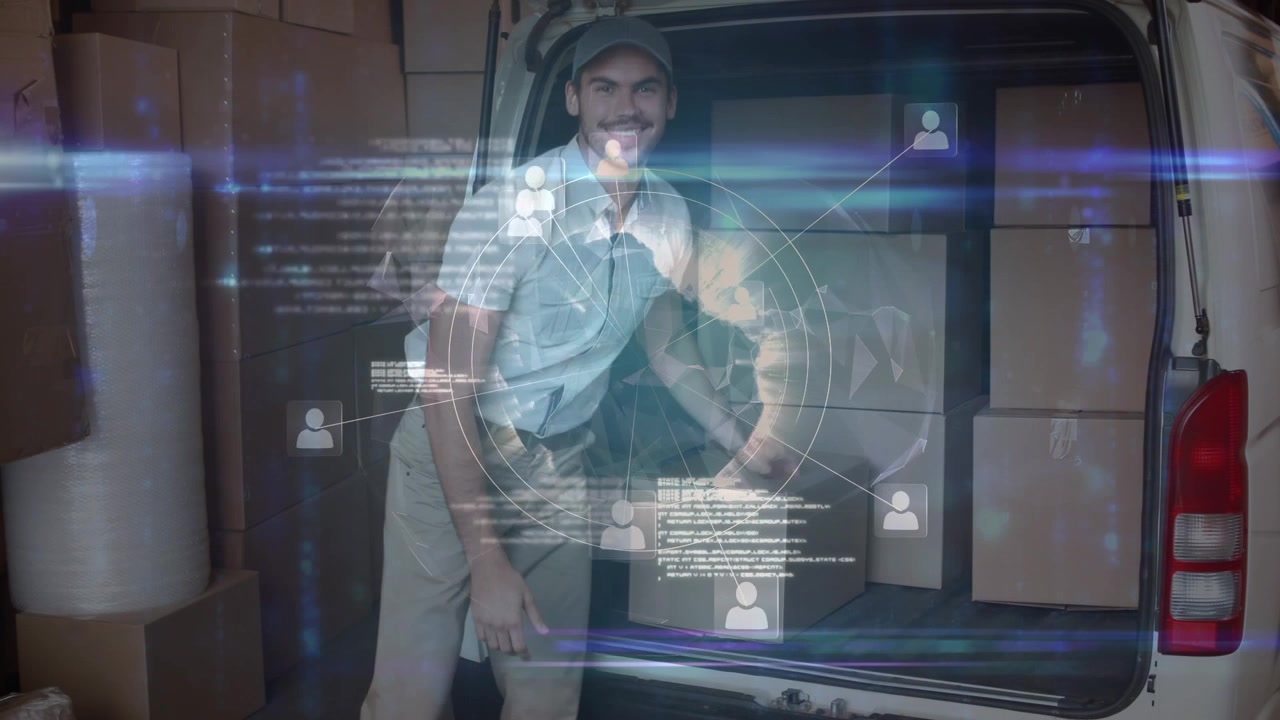 Animation of digital interface over caucasian warehouse worker