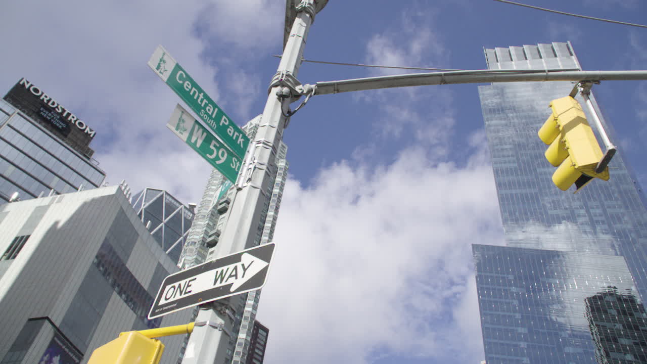 establishing shot of a street intersection at Central Park South and 59th Street. Shot in New York City on a summer morning