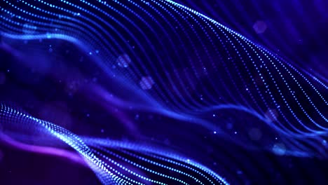4k looped sci-fi particle background of microworld or space with bokeh and light effects. glow blue particles form lines, surfaces, complex string structures in smooth motion.