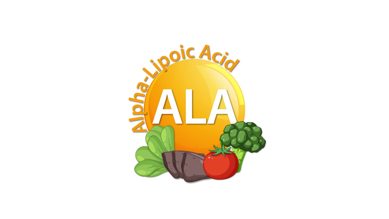 A bright animation introduces an Alpha Lipoic Acid (ALA) icon, gradually surrounded by illustrated vegetables and meat, on a clean white background