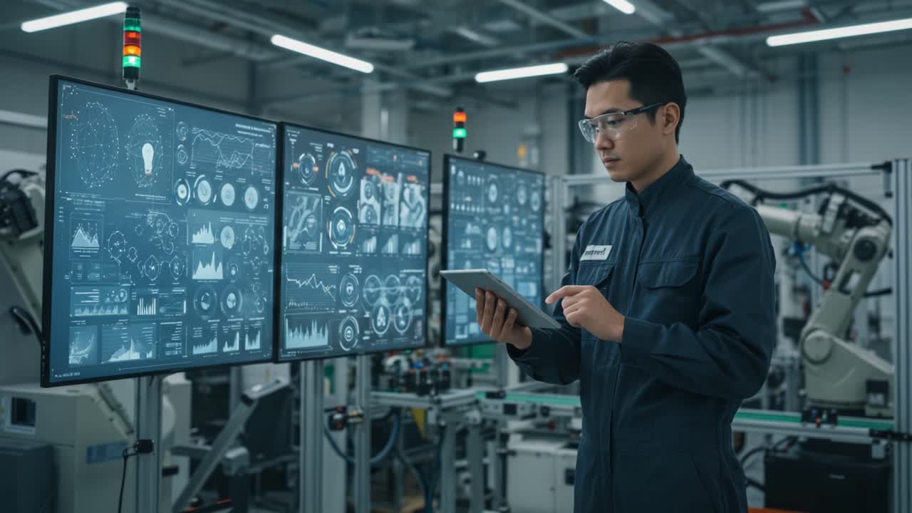 A Focused Technician Analyzes Complex Data on State-of-the-Art Screens in a High-Tech Manufacturing Facility, Showcasing Industrial Innovation and Robotics