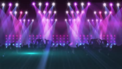 Animation-of-people-dancing-over-purple-and-pink-spotlights-on-black-background