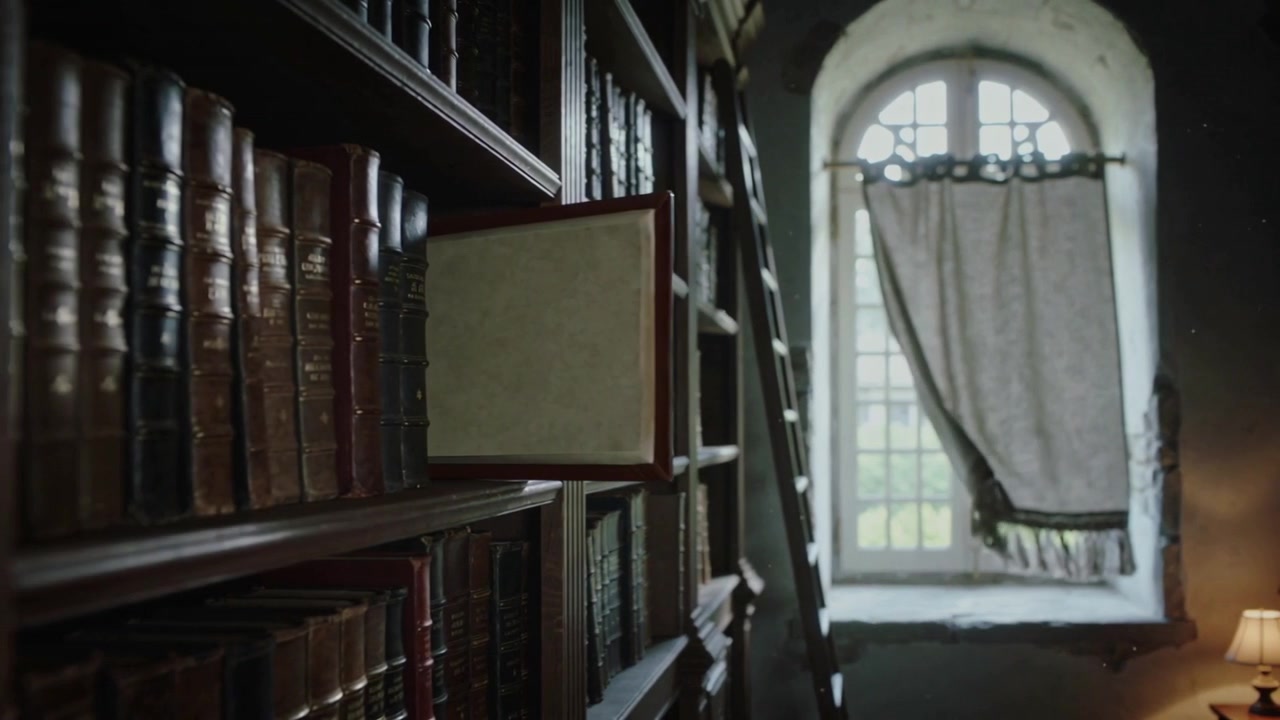 Billowing arched window curtain pushed by gust, fluttering in library while book sliding from shelf