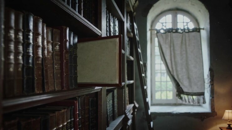 Tenda di una finestra ad arco che si gonfia, spinta da una raffica di vento, svolazzando in biblioteca mentre un libro scivola dallo scaffale.