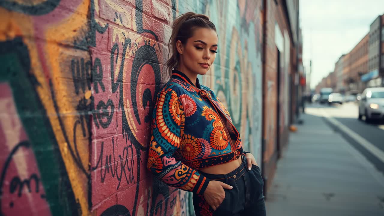 Recording woman leaning against graffiti wall on city sidewalk, showcasing printed bomber jacket
