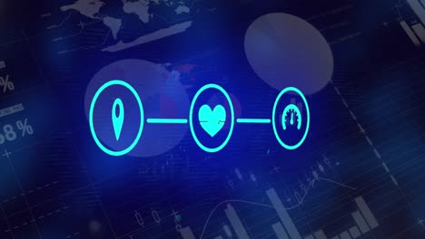 animation of icon in circles connected with lines over infographic interface on blue background