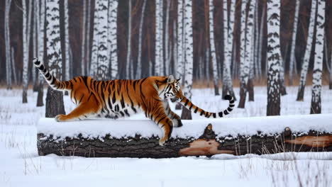 majestic tiger leaping over a log in snowy birch forest