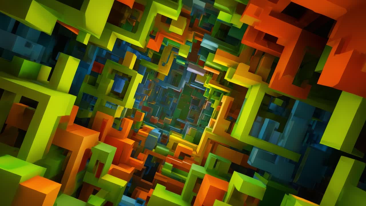 Exploring a Colorful 3D Maze of Blocks: A Dynamic Journey Through Vibrant Shapes and Patterns in an Abstract Environment Filled with Geometry and Depth