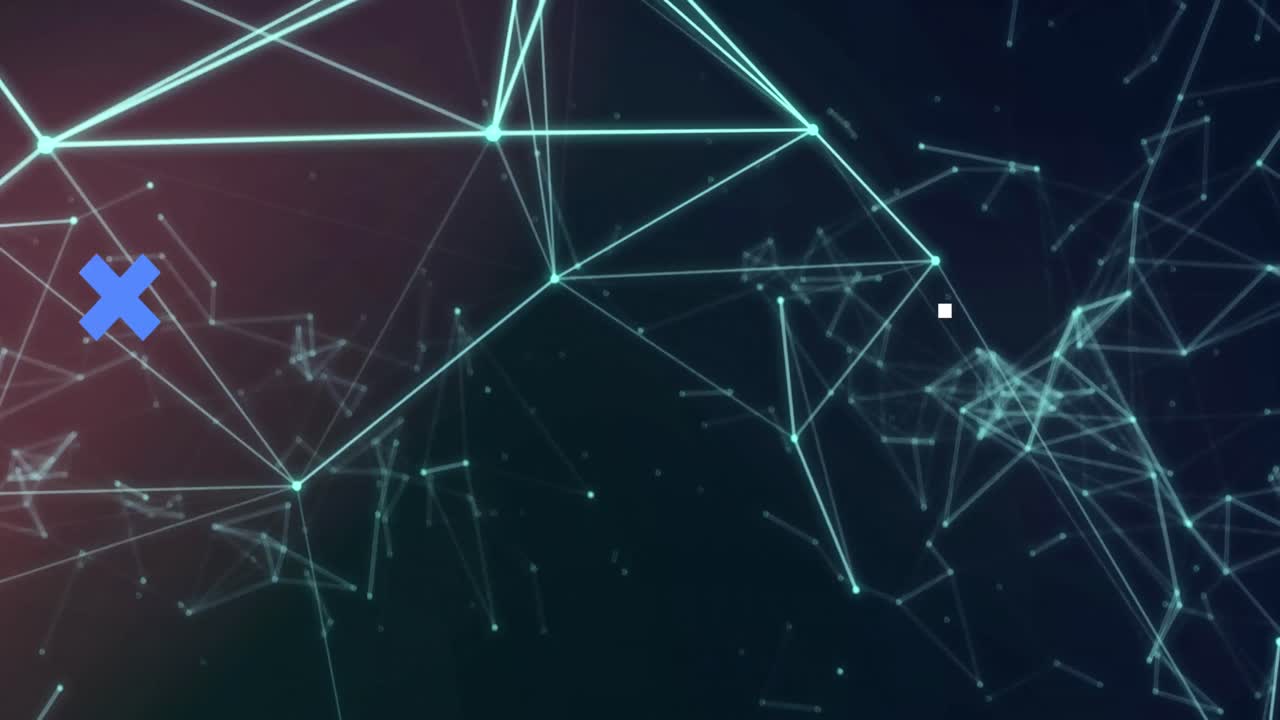 Animation of blue crosses over data processing on sky, network of connections, and brain on black