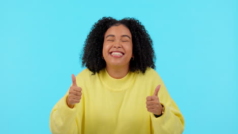 face, excited woman and thumbs up for success